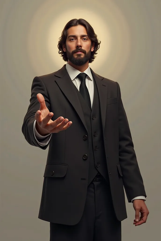 A picture of Jesus Christ in a formal suit. Front view. He reaches out to the screen 