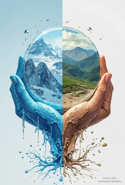 Show a glacier melting into water on one side and a dry, barren land on the other, with a striking contrast. Shape a melting glacier into a pair of hands holding Earth, symbolizing human dependence. Use a simple flowchart showing how glacier loss impacts w...