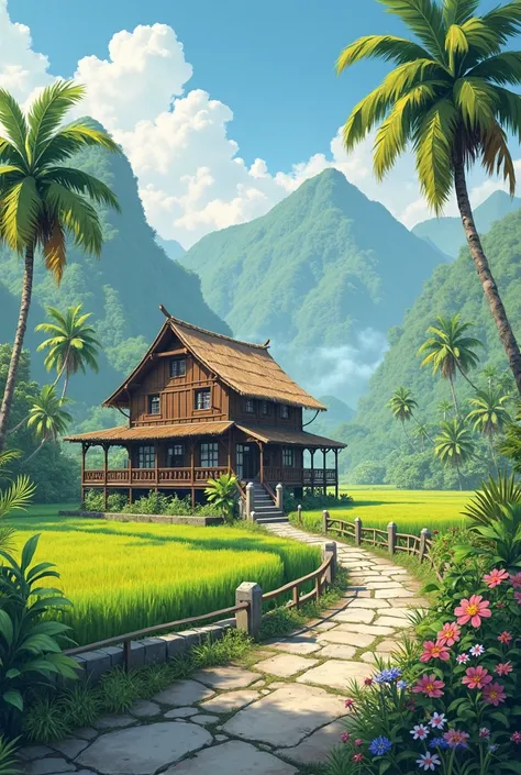 The resulting image depicts a watercolor painting of a traditional tropical-style wooden house standing in the middle of lush green rice fields. A stone path leads to the house, over a small wooden bridge that crosses a clear, calmly flowing river. Tall co...