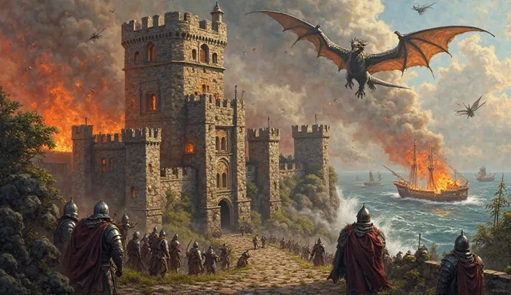 medieval castle being invaded by knights, Scene era, Dungeons n Dragons style, dragons setting fire, busty villagers in the window, smoke and fire in the castle, panoramic view, human lizards climbing stairs, paladines in hot metal armor fighting, OIL PAIN...