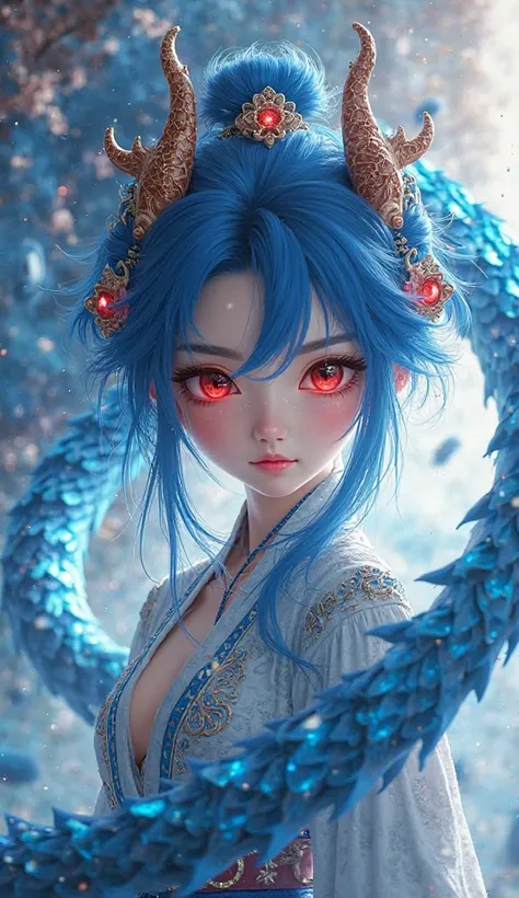 Information generated by the image: Ao Run, a Chinese mythological figure, female, charming, with blue hair, red eyes, glowing blue dragon scales around his eyes, two dragon horns on his head, his hair is spread out and flying, he has a seductive look, and...