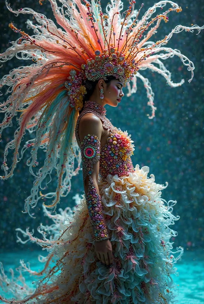 Create a pretty Brazilian-style women's carnival costume themed after sea creatures 