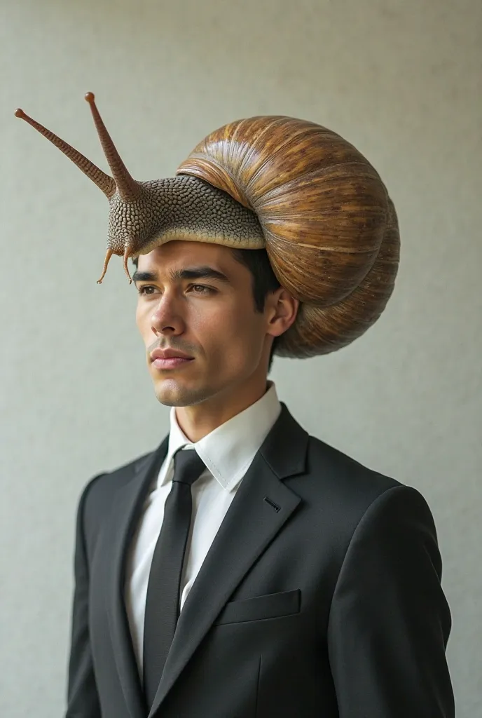 Create me an image of handsome human with a nice clean clothes with a head of a snail instead his head 