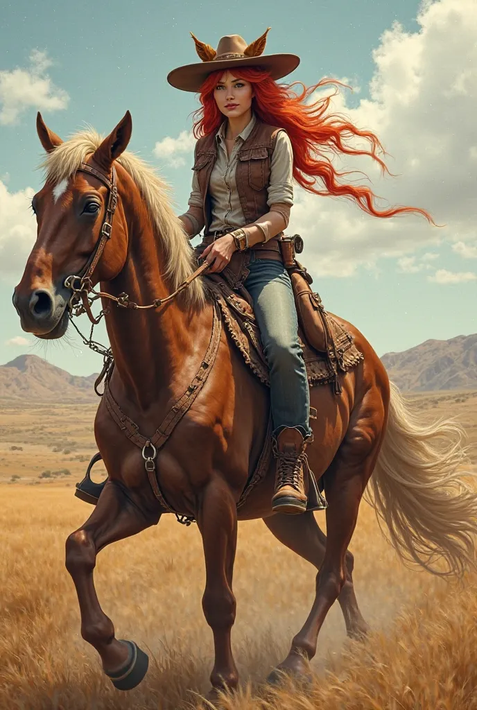 a cat-headed woman with red hair dressed as a cowboy on top of a horse Riding