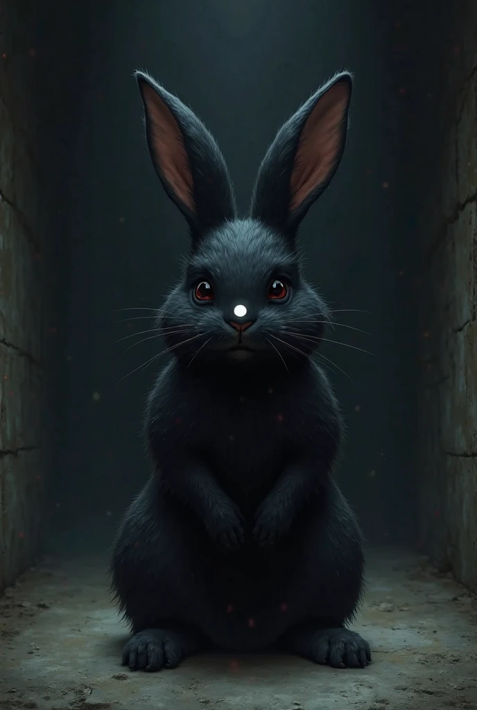 A black rabbit with a white dot on the nose in a dark basement