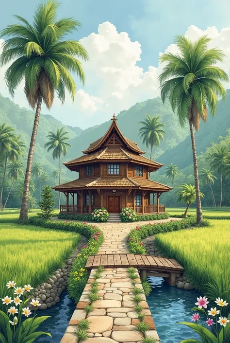 The resulting image depicts a watercolor painting of a traditional tropical-style wooden house standing in the middle of lush green rice fields. A stone path leads to the house, over a small wooden bridge that crosses a clear, calmly flowing river. The tow...