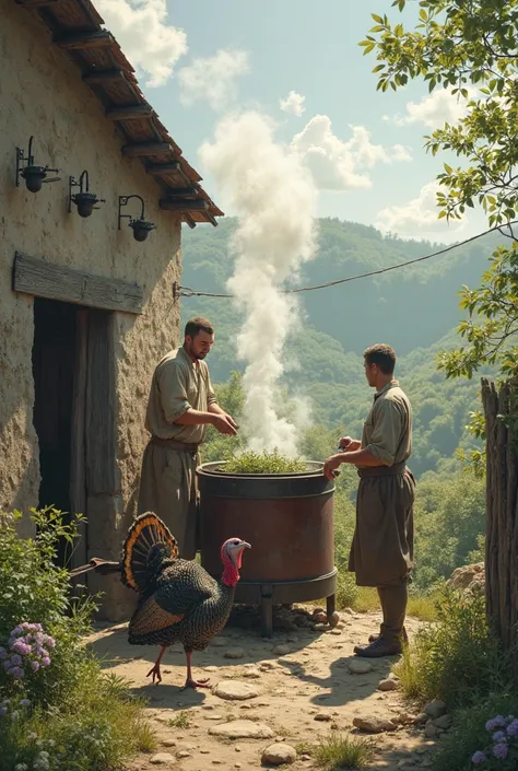 workers boiling thyme in distillation boiler. and turkey as well . 