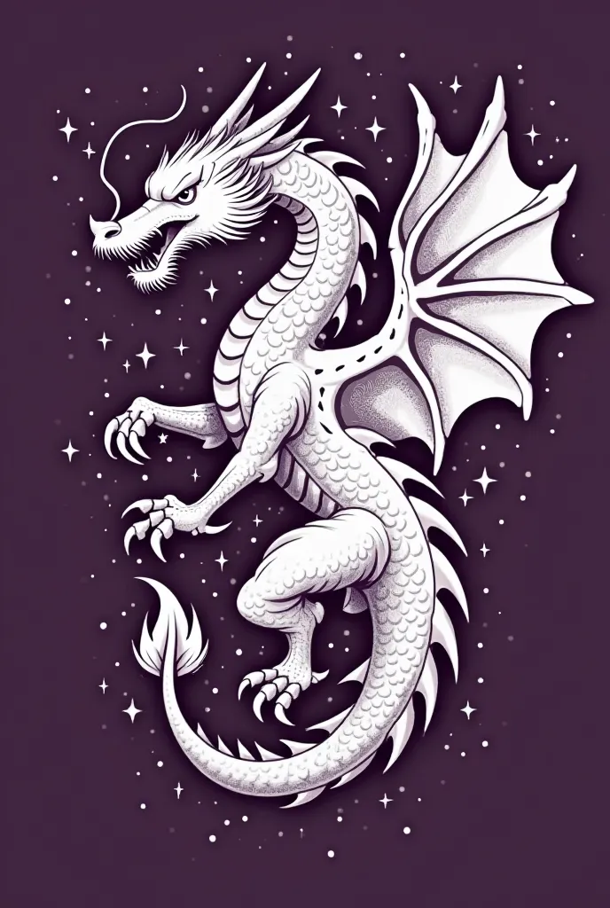 "Create a design for a t-shirt from the second year of high school that represents reason, Harmony, the search for higher knowledge and wisdom. The main element must be a white dragon, with a very dark purple background. Include the identification of the c...