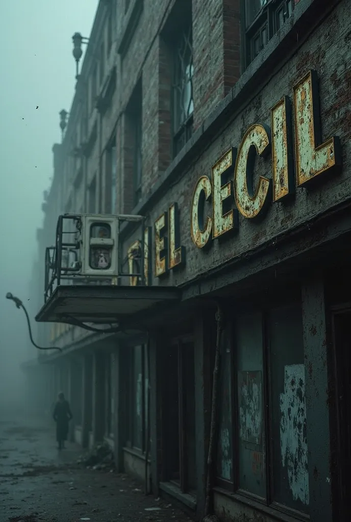 A close-up of the front of the Hotel Cecil with its broken, faded signage and dark windows. The mood is ominous, with mist swirling around the building. In the background, a faint silhouette of a person can be seen, adding to the sense of mystery.