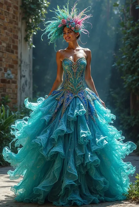 Create a carnival costume for women with a sea creature theme that is a pretty Brazilian type and that can be seen from afar full body in several beautiful colors 