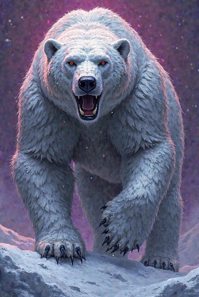 Create an image prompt of a competitive iron polar bear as a coat of arms that is not realistic with vibrant colors with a purple background with the inscription  C
