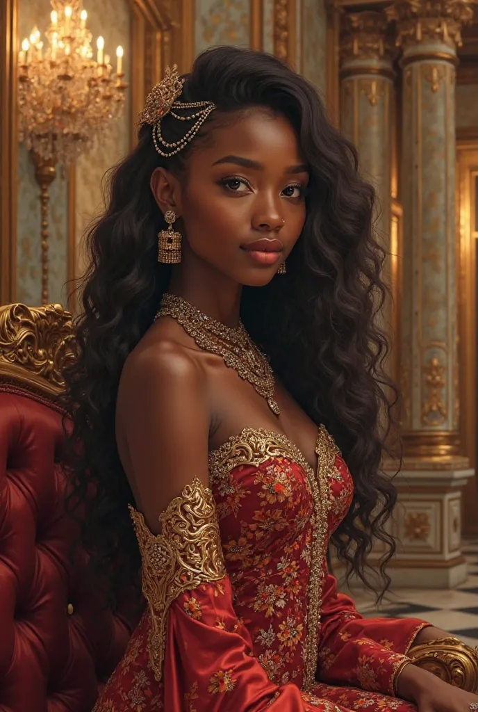 Grown African girl in a big fancy house dressed royal Long Hair, Blush,