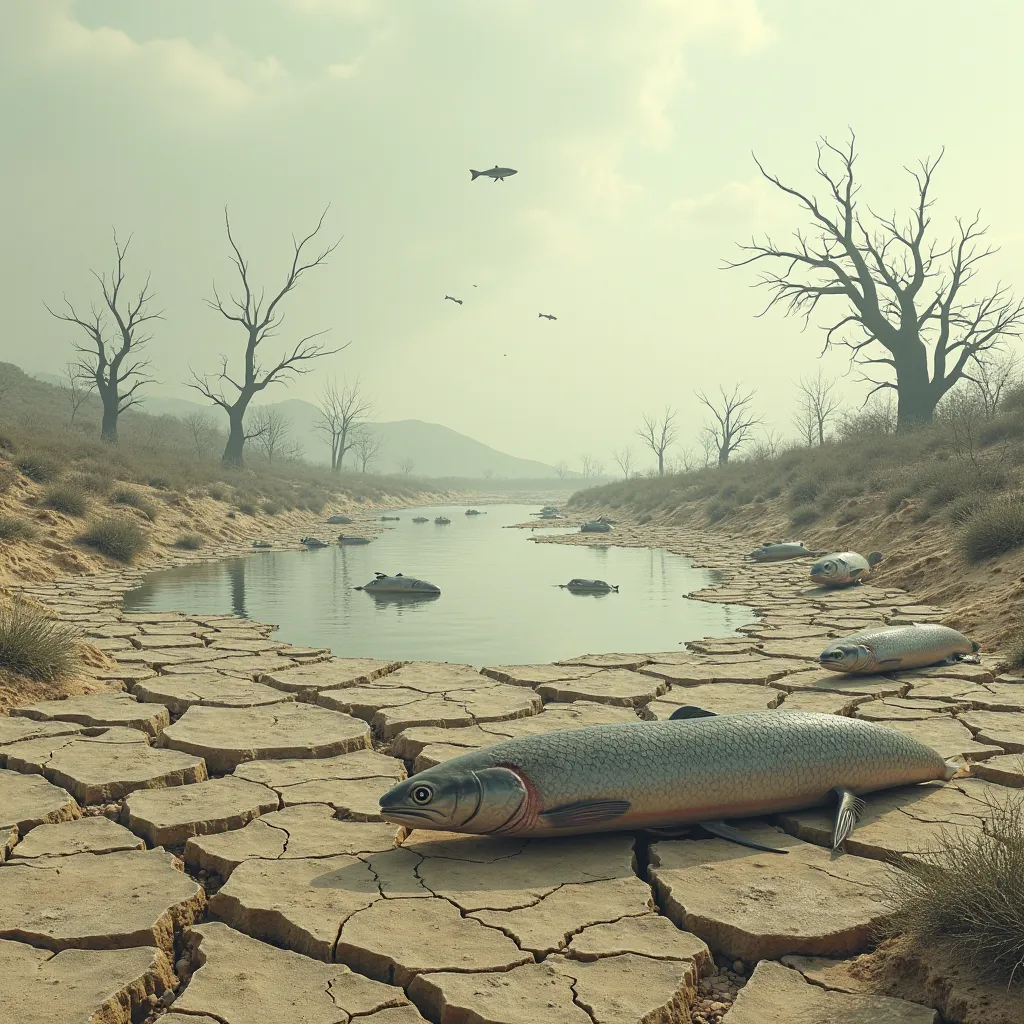 Image of a dried up lake with dying fish