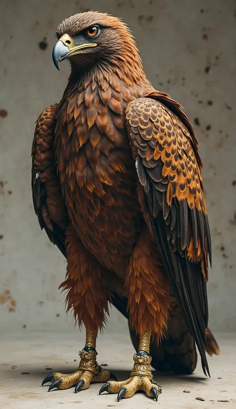 a full-body photo,  seen from below, of an anthropomorphic hawk with hawk skin