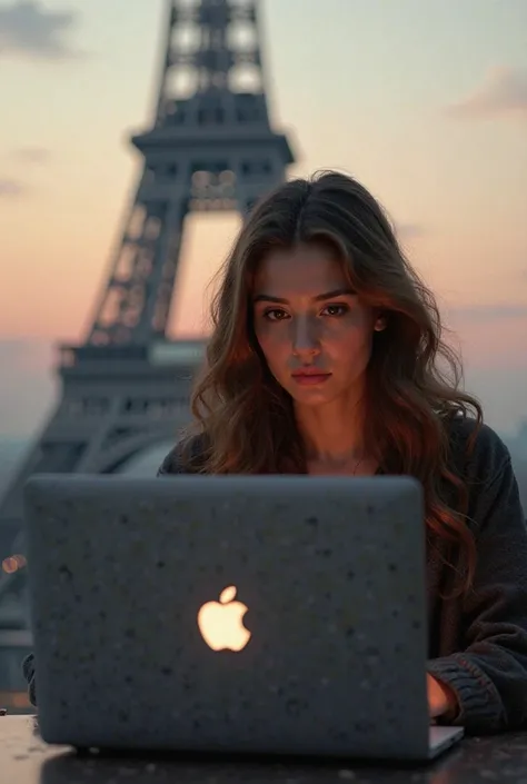 A girl with long curly brown hair sits with a MacBook, where you can see the apple logo with the Eiffel Tower in the background