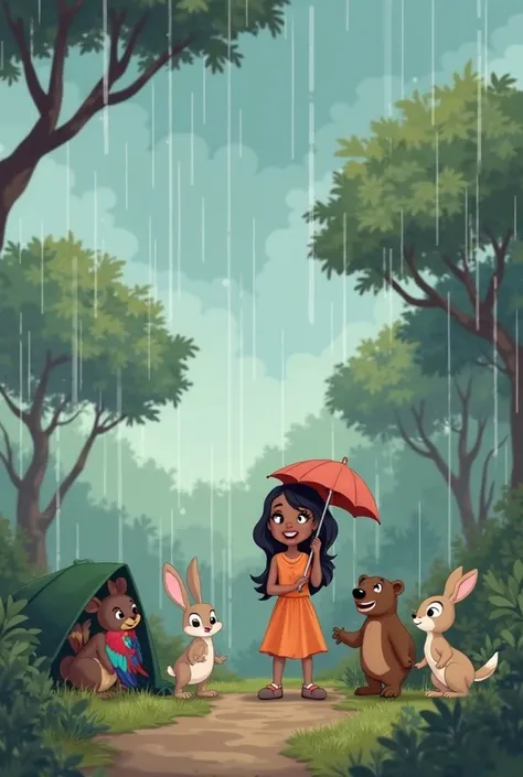 Rain rain go away song...

1. *Scene 1 (Rainy Day)*:
   - A cloudy sky with rain falling, and Niyola standing with a small umbrella.
   - Animals like a rabbit and parrot huddling together, looking for cover under trees or bushes.

2. *Scene 2 (Cheerful An...