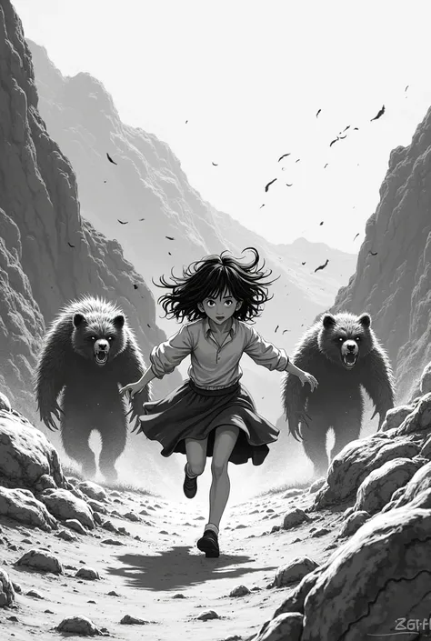 Create  book stories images in black and white Korean anime 

Scripts: 4 to 5 bear like monsters chasing a girl in mountain areas girls dress is like 
Skirt with messy hairs 




