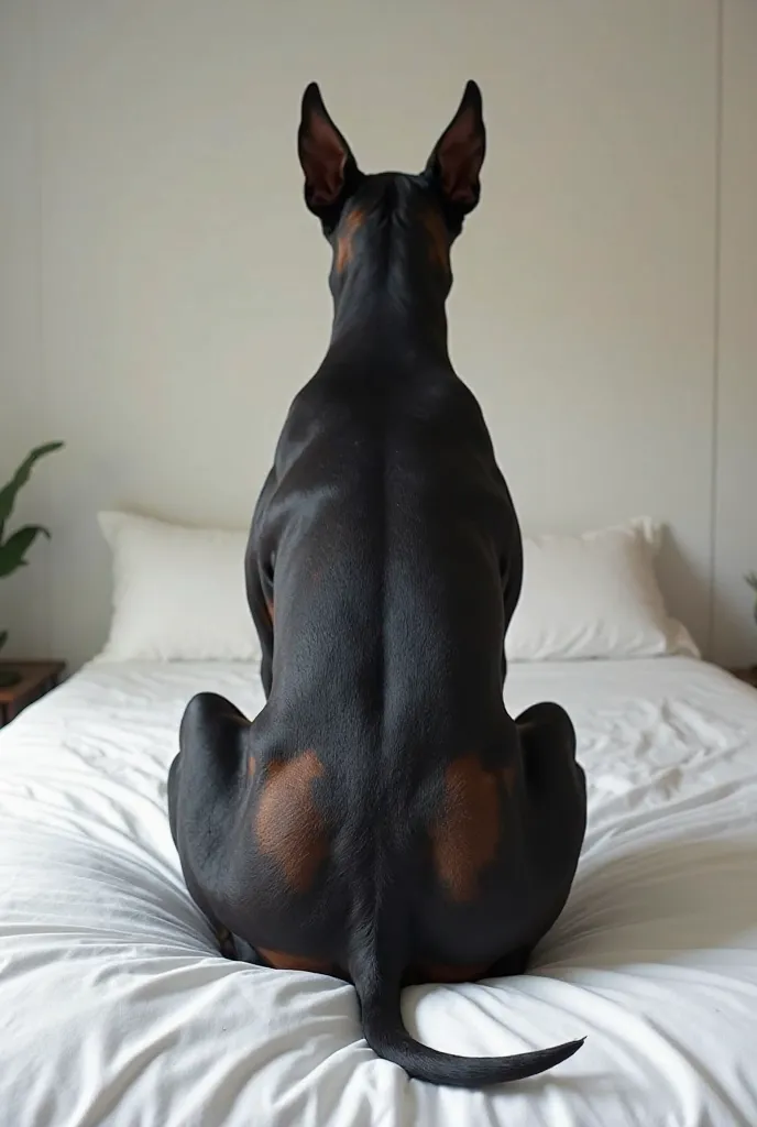 Doberman dog, Sitting, rear view, Huge Butt, ano expuesto, wild, cama blanca, 