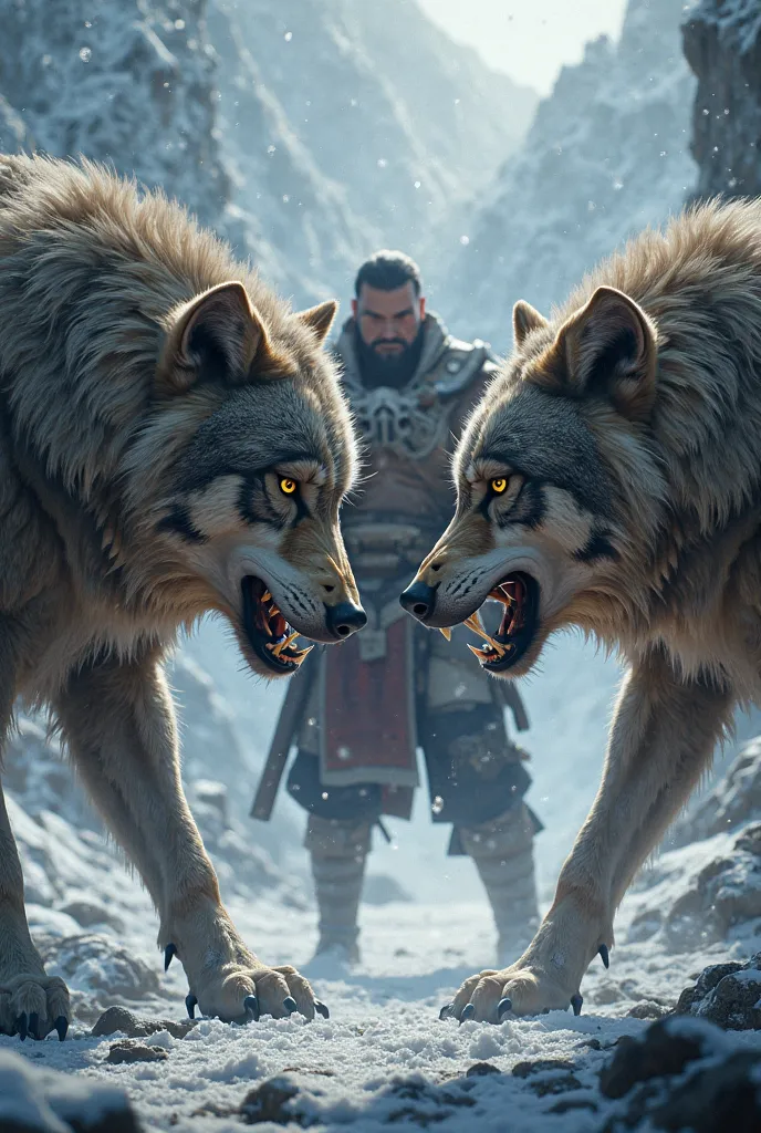 The fight of two wild big wolves and a strong imposing man 