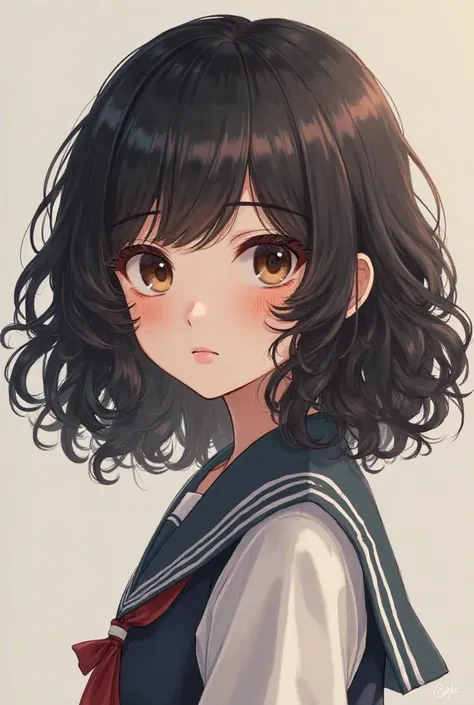 Black-haired age girl with curly and dark hair with brown eyes, shoulder-length hair in uniform