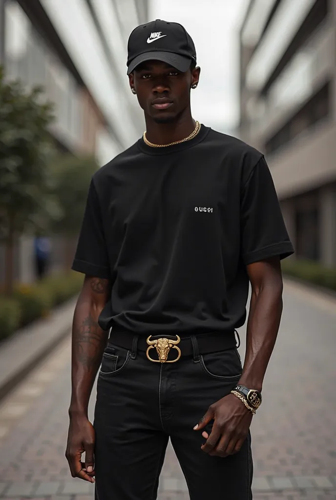 Person wearing a black t-shirt from the brand Syna World , with black cap brand Nike  , with black Gucci jeans and with a bull belt