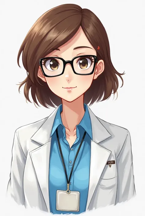 Create a drawing of a female character,  Pharmaceutical , wearing lab coat and blue shirt. brown hair, with rectangular glasses and a badge around the neck . Looking from the front and with the mouth closed.