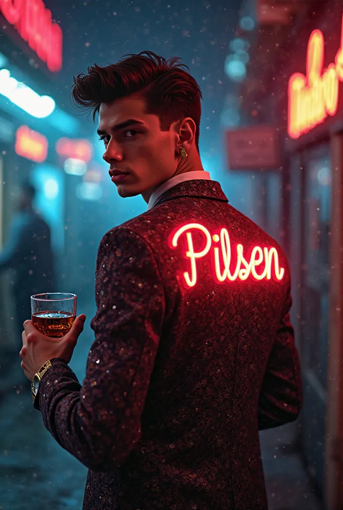 Picture of man with neon pilsen writing on back holding whiskey in young patterned suit suit