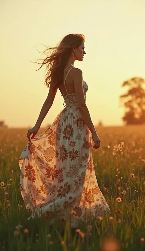 woman in a dress standing in a field with her legs up, wearing a long dress, in style of petra collins, wearing a long flowery dress, wearing a flowing dress, profile pic, long dress, full body picture, low quality photo, flowing dress, full body length, f...