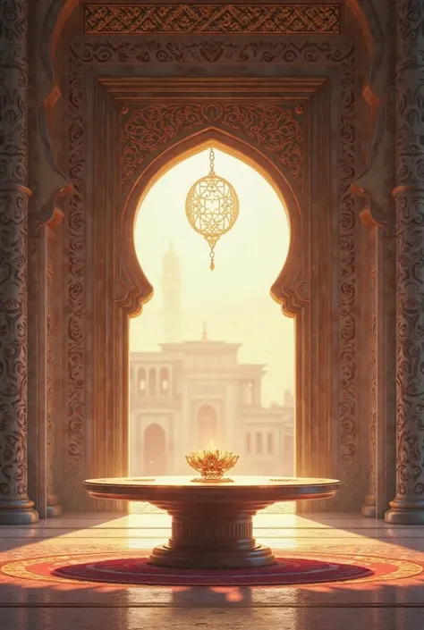 I want a Ramadan video, a door that opens inside a hall containing the design of brackets in the middle of a circular table with a decorative crescent for Ramadan