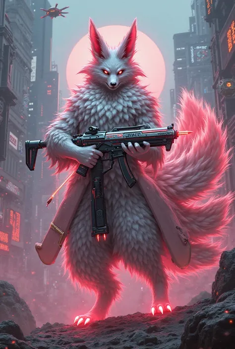 Kurama with ninetails and a cyberpunk gun