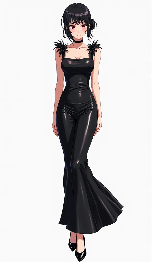 Japanese anime age woman with black hair tied up in a high bun and short locks and intense magenta eyes and wears a tight and elegant black dress, of shiny satin leather fabric with thick sleeveless straps.  The dress is long cut , with a fitted design at ...