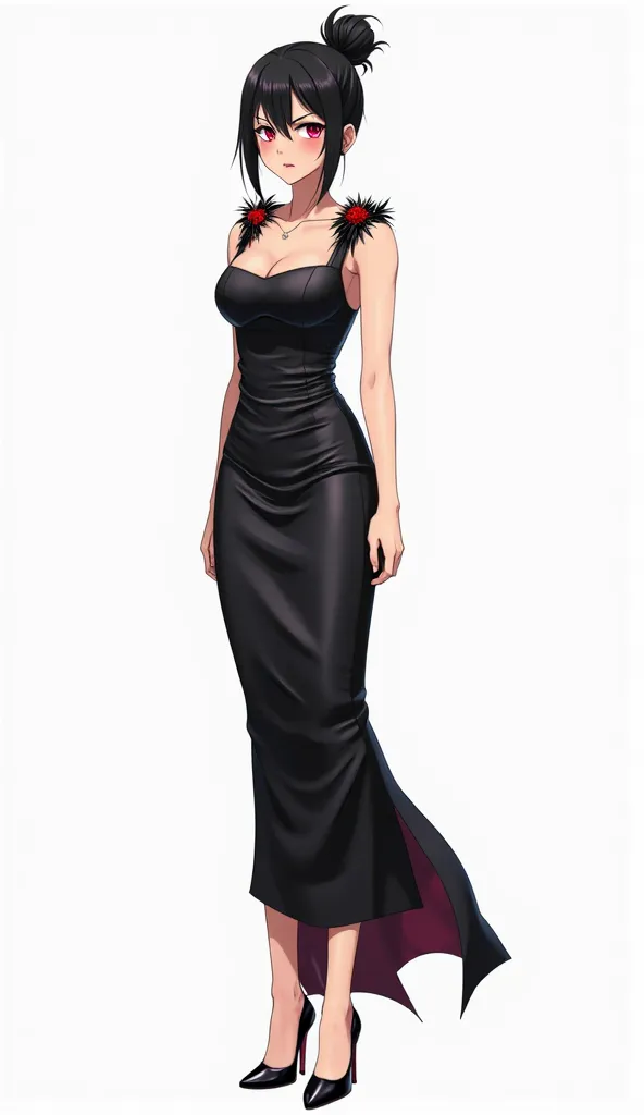 Japanese anime age woman with black hair tied up in a high bun and short locks and intense magenta eyes and wears a tight and elegant black dress, of shiny satin leather fabric with thick sleeveless straps.  The dress is long cut , with a fitted design at ...