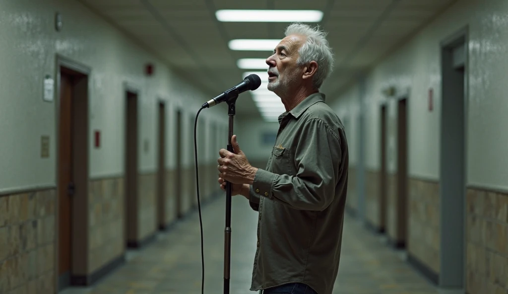 A guy in 25 years old with white hair in an empty hallway sings, using the mop as a microphone.  Realism style , as close as possible to human appearance.
