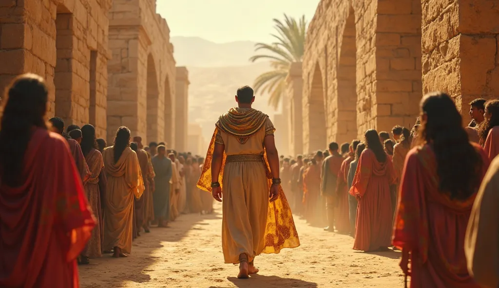 A vibrant scene from biblical times: Joseph, governor of egypt, majestically walks the streets while a crowd admires it. Women, moved by its fame and beauty, they climb on roofs and lean against stone walls to get a better glimpse of it. Its veils flow in ...