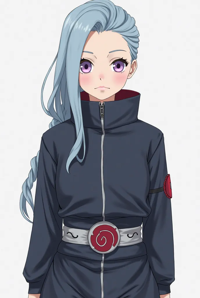 Make me a  female Naruto anime-style character,  fair skin, long hair in light blue color and tied in a single braid, Eyes in the color lilac, wearing a ninja outfit in the colors black and dark blue and with a belt with the symbol of the leaf village.