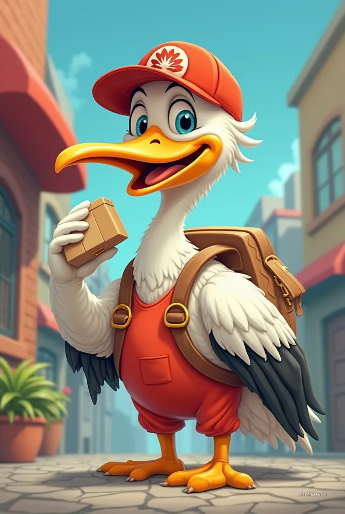 Create an image of a charismatic and good-humored pelican dressed as a delivery worker. It should wear a cap and a typical delivery uniform, with a delivery bag slung over its shoulder or back. The pelican can be smiling or winking, conveying a friendly an...