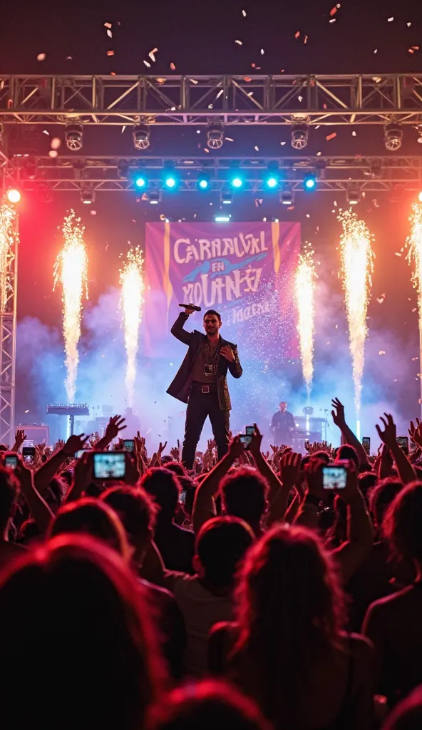 A famous Latin singer performing live on a grand outdoor stage at the Carnaval de John Ray in Piñango, Venezuela. The singer, dressed in a stylish outfit, holds a microphone with passion, engaging with the lively crowd that cheers and raises their hands in...