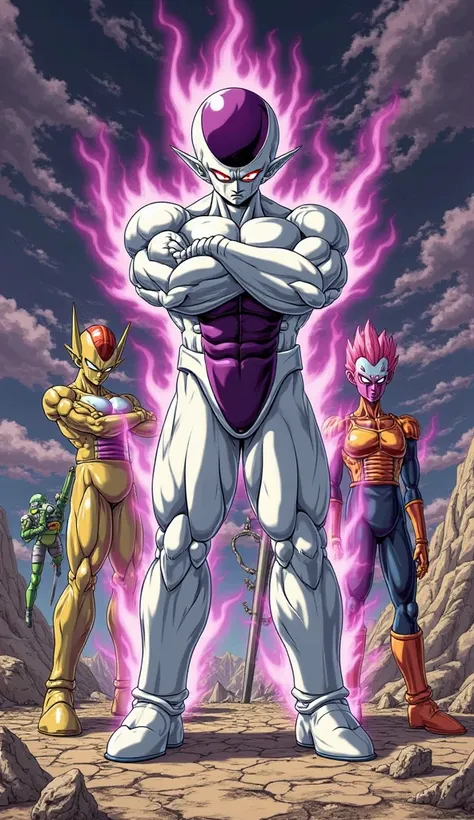 "Create an illustration in the classic manga style, com Freeza em sua final form (Fourth Form) In the center of the scene, surrounded by other iconic Dragon Ball villains in the background. Freeza is in an imposing pose, with arms crossed and an evil and a...