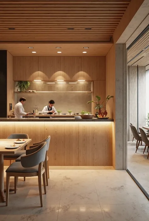 Minimalist Japanese sushi bar interior with soft lighting and light wood furniture, elegant and calm atmosphere. The decor should include elements of Japanese Zen, such as bamboo, stone, and simple yet sophisticated design. A clean, open kitchen area where...