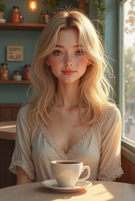 create the most realistic girl of pleasant appearance without pathos, and an ordinary simple girl with blond hair, good eyes and a nice appearance sitting in a cafe 