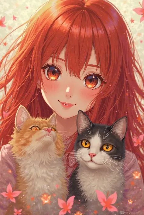 Anime girl has full red hair and has a cat