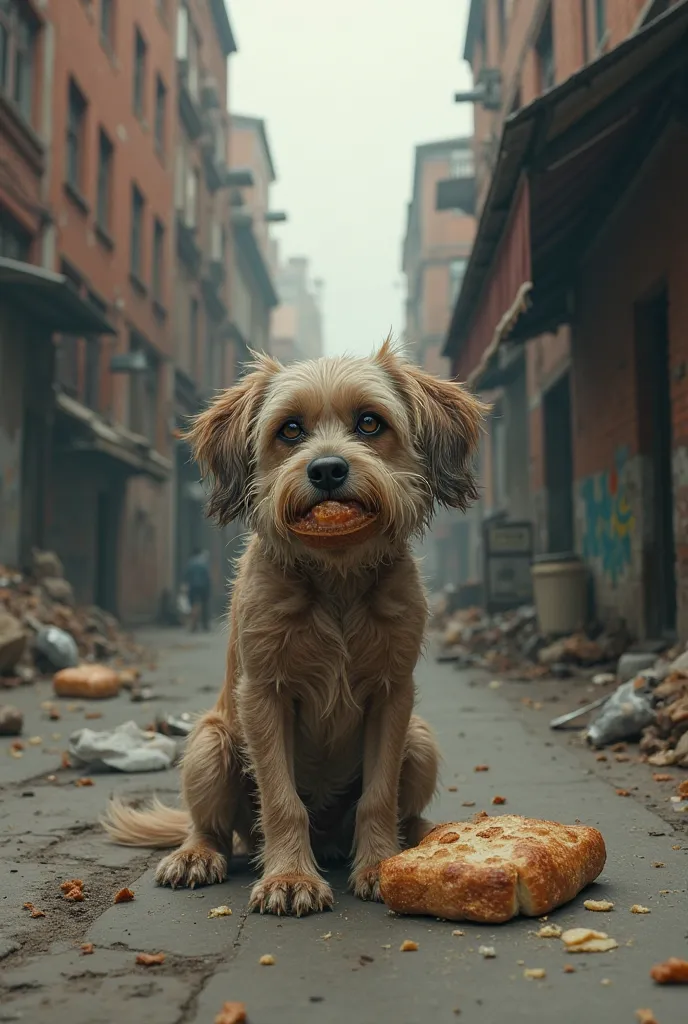 A dog on the street is eating bread. 