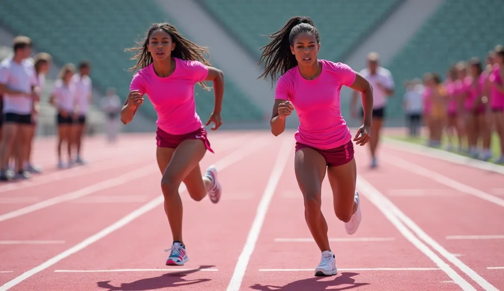 Realistic image of black women and white women wearing pink t-shirts practicing competitive running 