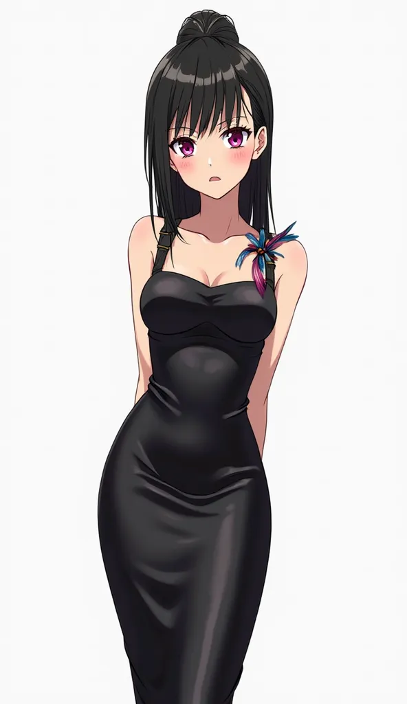 Japanese anime age woman with long straight black hair with a short ponytail and locks and intense magenta eyes and wears a tight and elegant black dress, of shiny satin leather fabric with thick sleeveless straps.  The dress is long cut , with a fitted de...