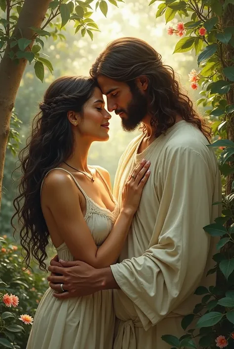 A Brazilian woman in a garden embracing Jesus 