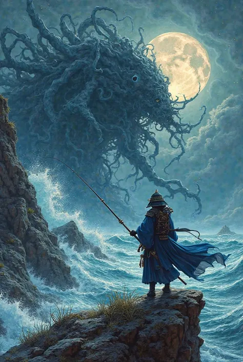 Blue samurai with fishing rod on a cliff fighting cathulu at night