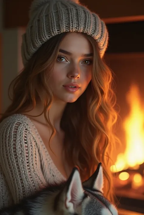  a 22-year-old girl sitting in front of a fireplace, she wears a wool hat, has a dog a gray and white Alaskan mamalute, she is of ivory skin with a golden hue, dark brown hair with golden reflections, long and wavy brown eyes. deep amber eyes, sometimes ap...