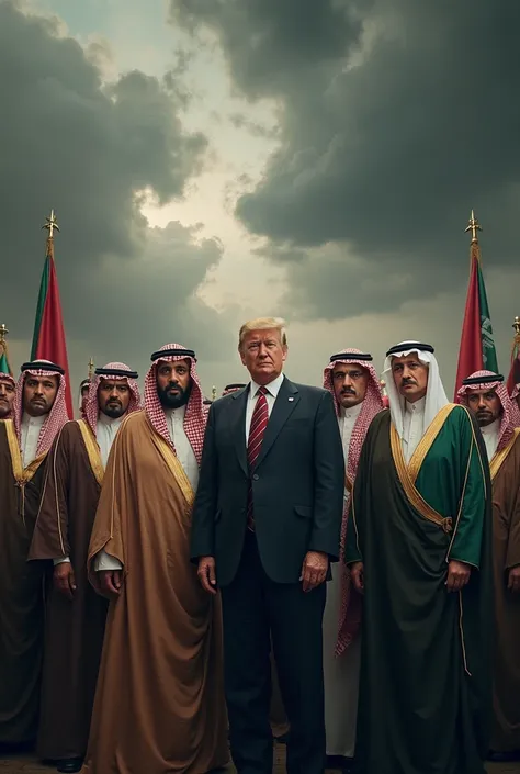 
"Imagine a dramatic scene showing all the Presidents and Kings of Arab countries standing strong and united against Trump, the United States, Russia, and Putin. In the image, the Arab leaders stand side by side, their faces expressing confidence and power...