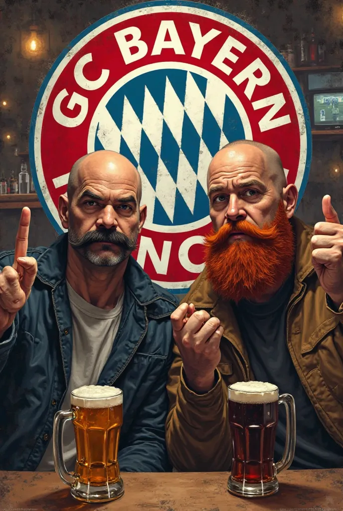 Guy with dark moustache and bald head and guy with red beard and bald head drink beer together and show the Bayern Munich soccer club the middle finger. 