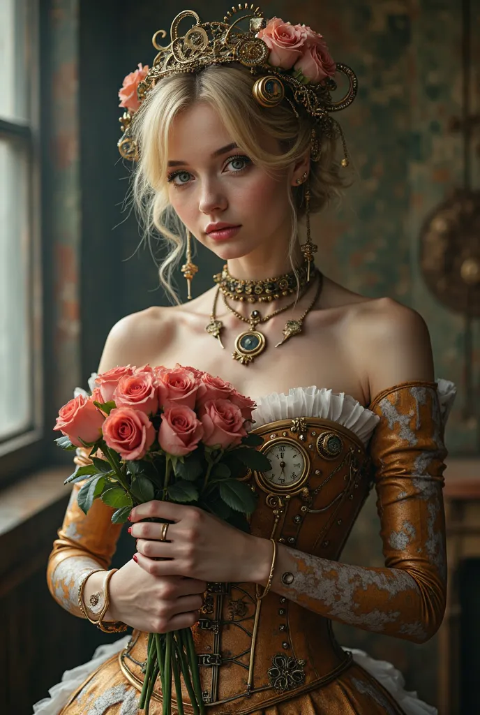 (Highest quality,4K,High Resolution,masterpiece:1.2),超High Resolution,(realistic:1.37) Russian girl with mechanical parts, steampunk style, Delicate Clockwork Details ,Brass Gears and Gears , Beautifully Intricate Designs ,( holds a bouquet of roses),Glowi...